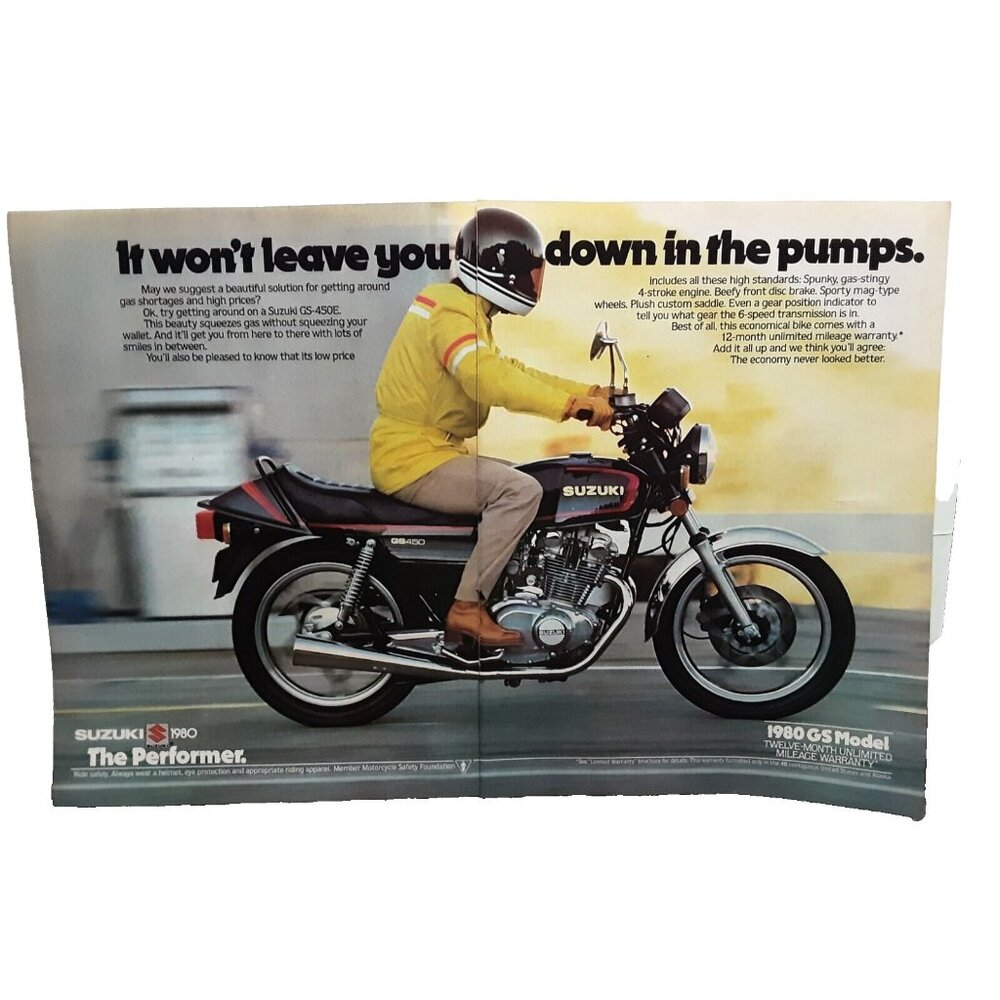 1980 Suzuki GS450E Motorcycle 2 Page Original Print Ad vintage 80s